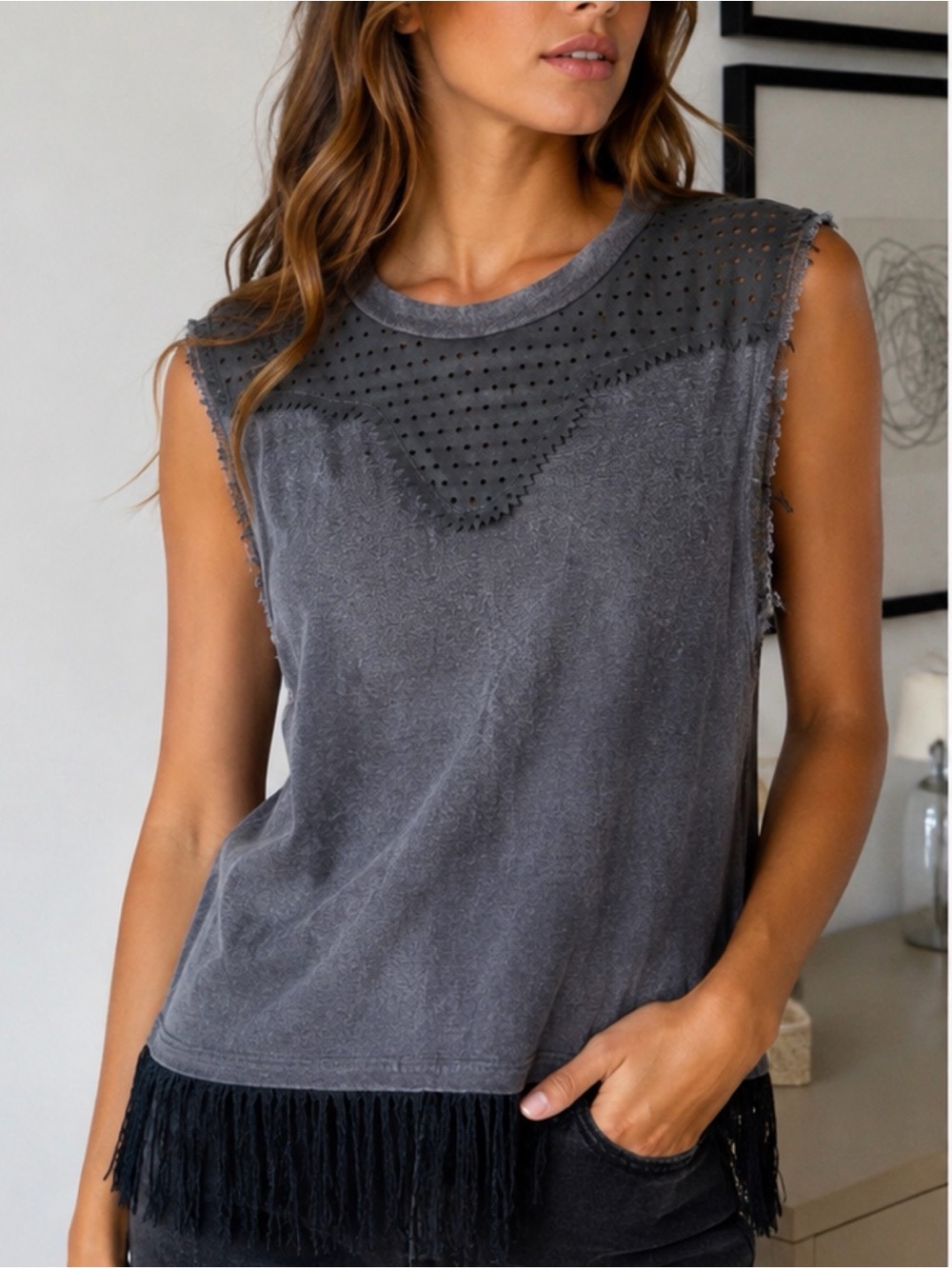 Jazmin Chebar Sleeveless Washed Gray Eyelet Yoke Fringe Tank Top